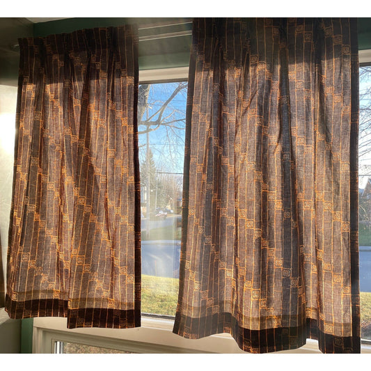 Vintage 70s pleated curtains, brown and orange, single panel or valance