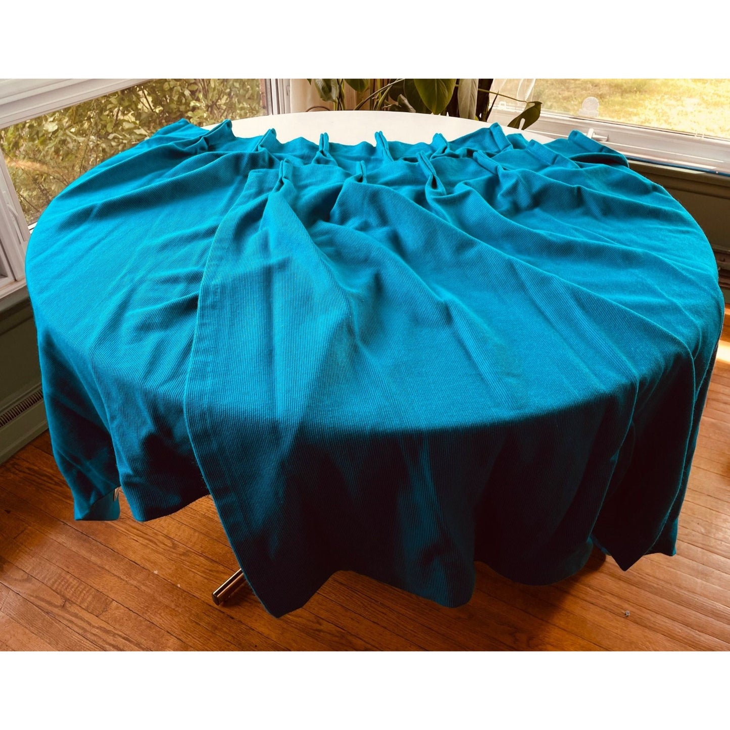 Vintage 70s pleated curtains, pair of blue thick panels, Sears