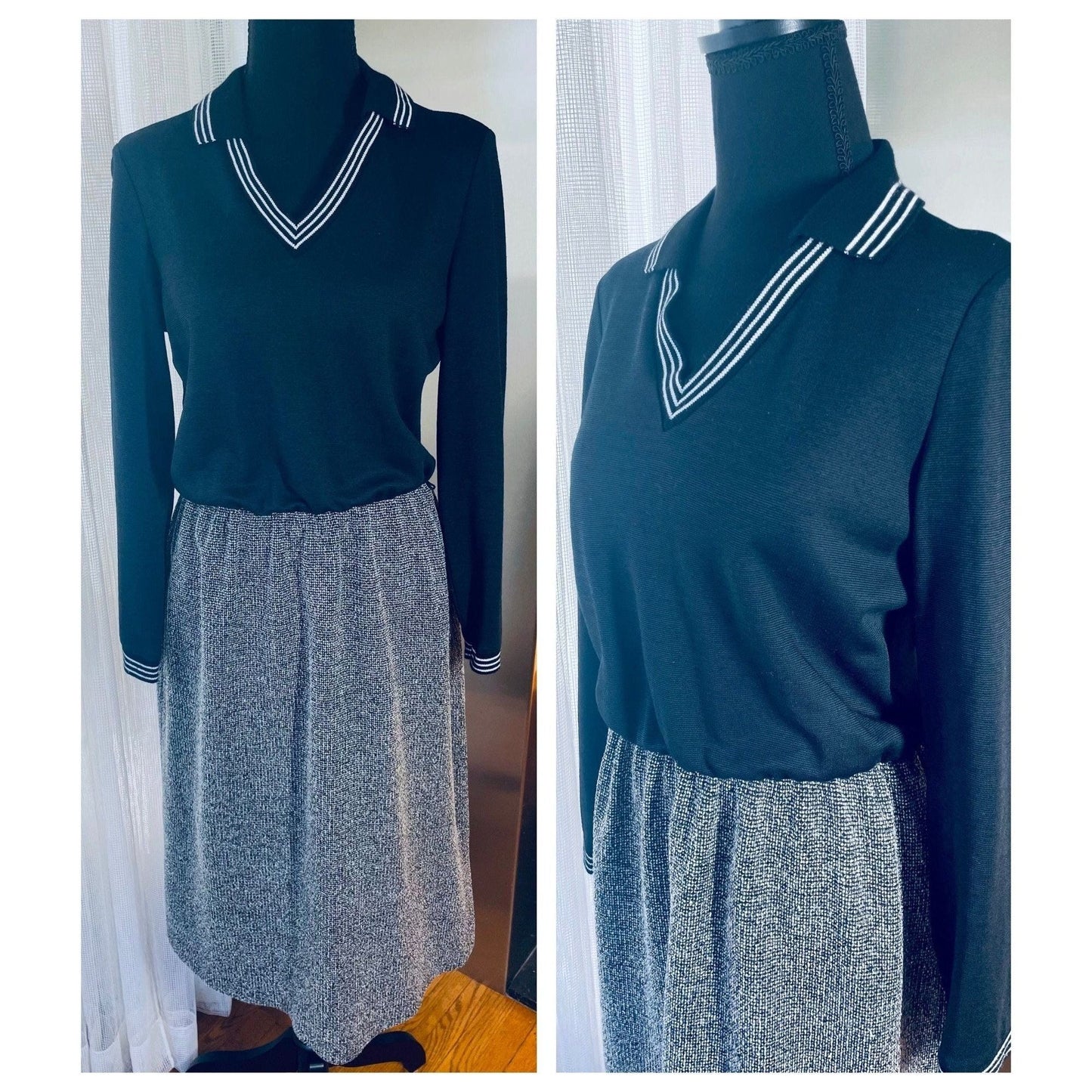 Vintage 70s dress, black and grey, long sleeves