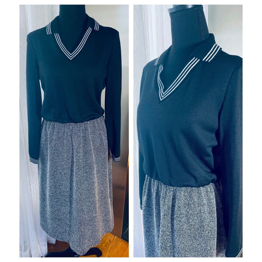 Vintage 70s dress, black and grey, long sleeves