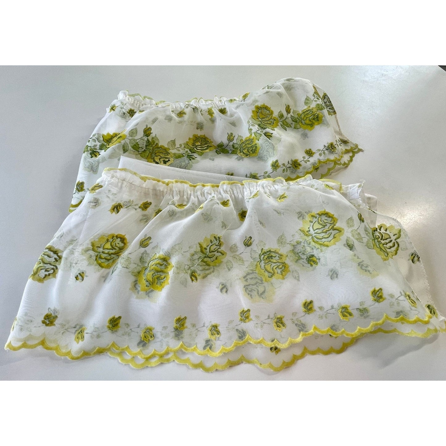 Vintage 50s cafe curtains, flocked floral ruffled panels