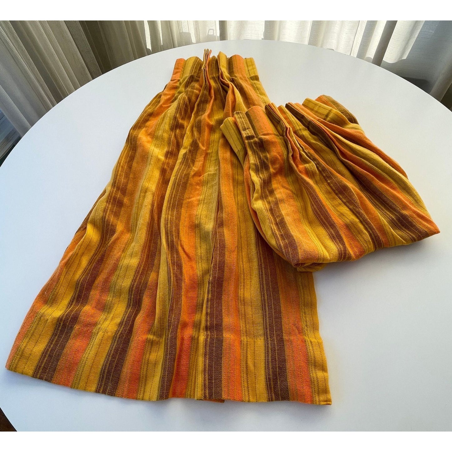 Vintage 70s pleated curtain, orange yellow stripes