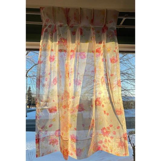Vintage 70s pleated curtain, sheer pink floral panel