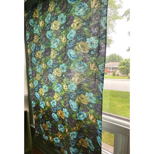 Vintage 60s  green blue purple floral curtain panel