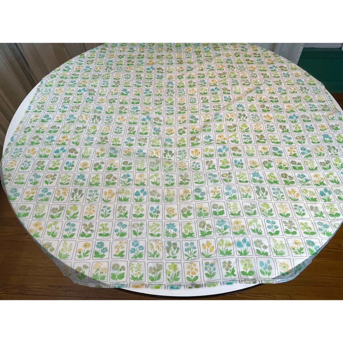 Vintage 80s curtains, sheer green yellow floral, pair with tiebacks
