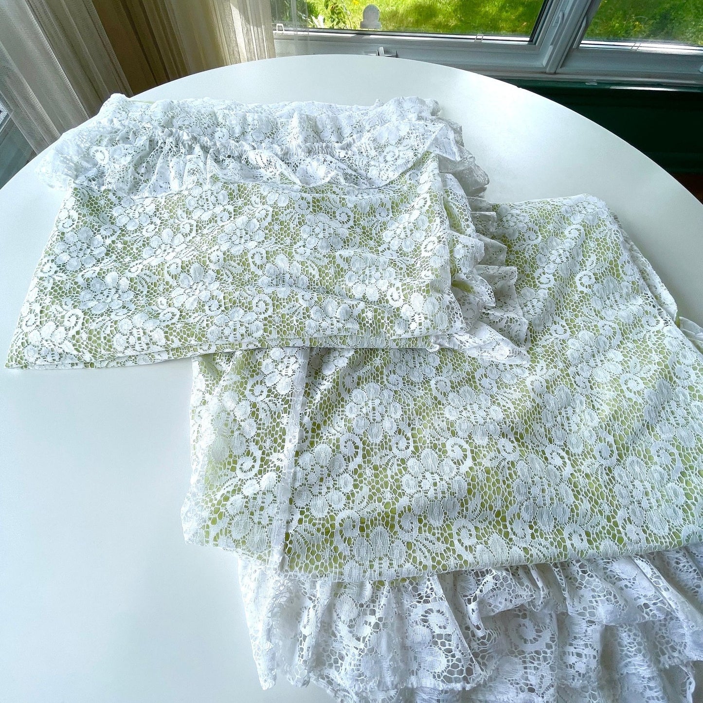 Vintage 70s mesh green and white ruffled curtains