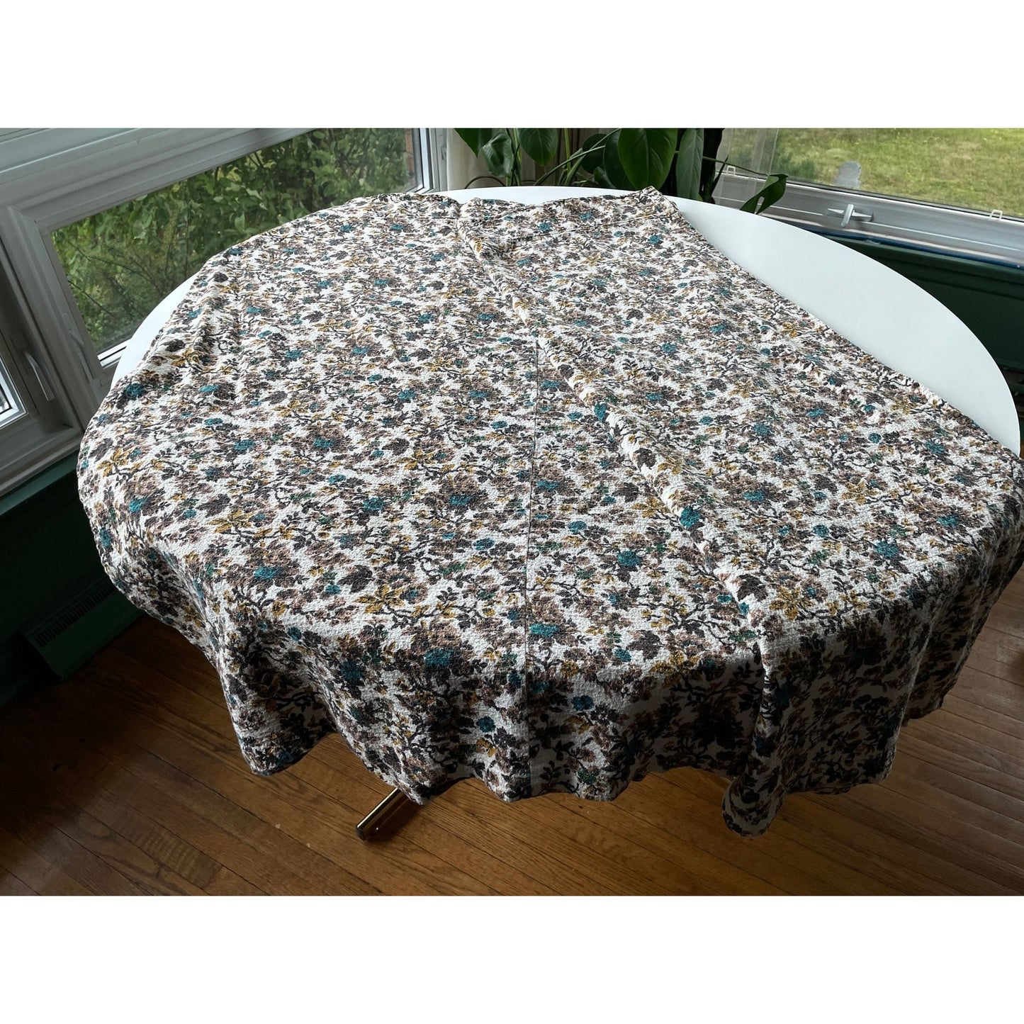 Vintage 60s brown blue floral barkcloth curtain single panel