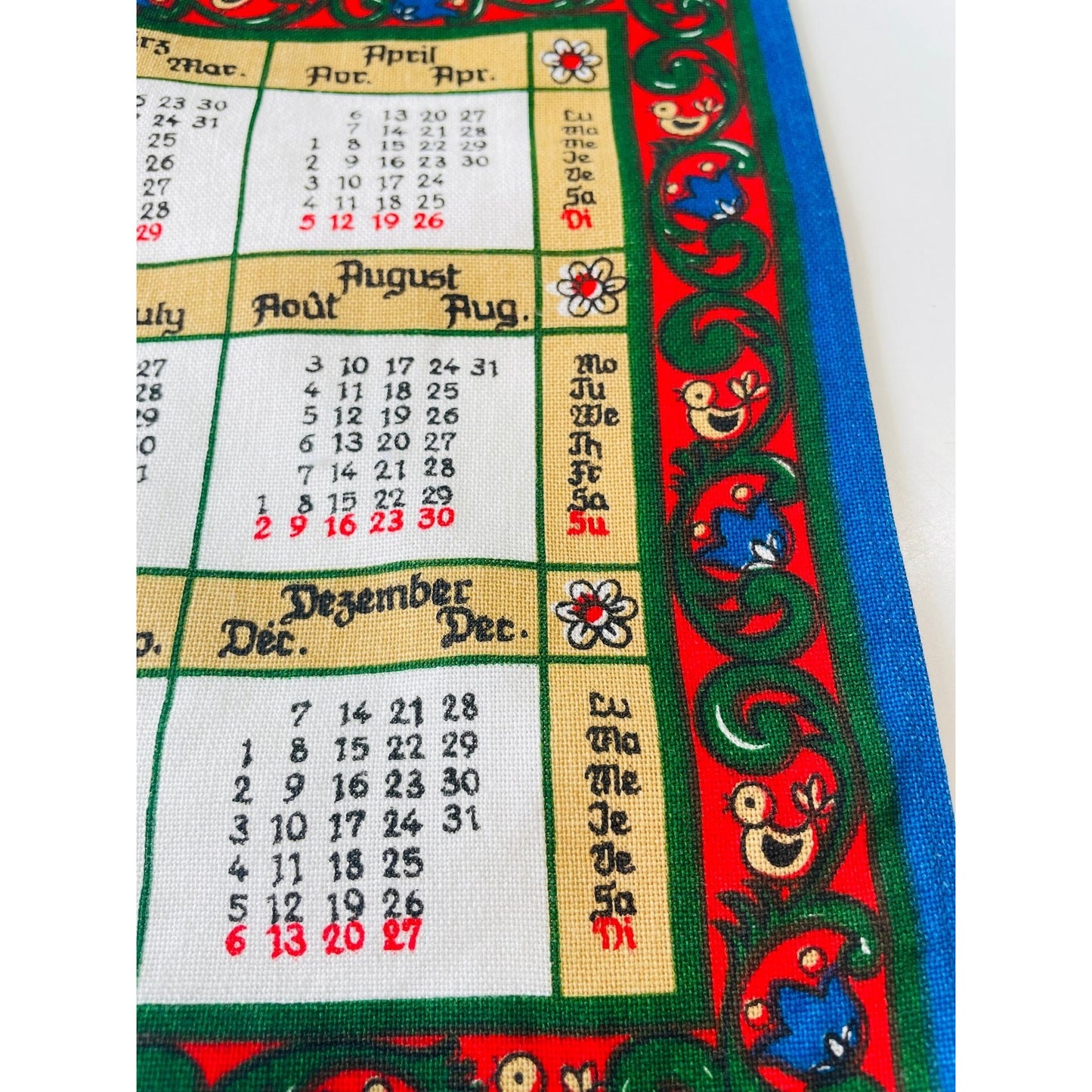 Vintage 1987 calendar tea towel, English, German and Italian