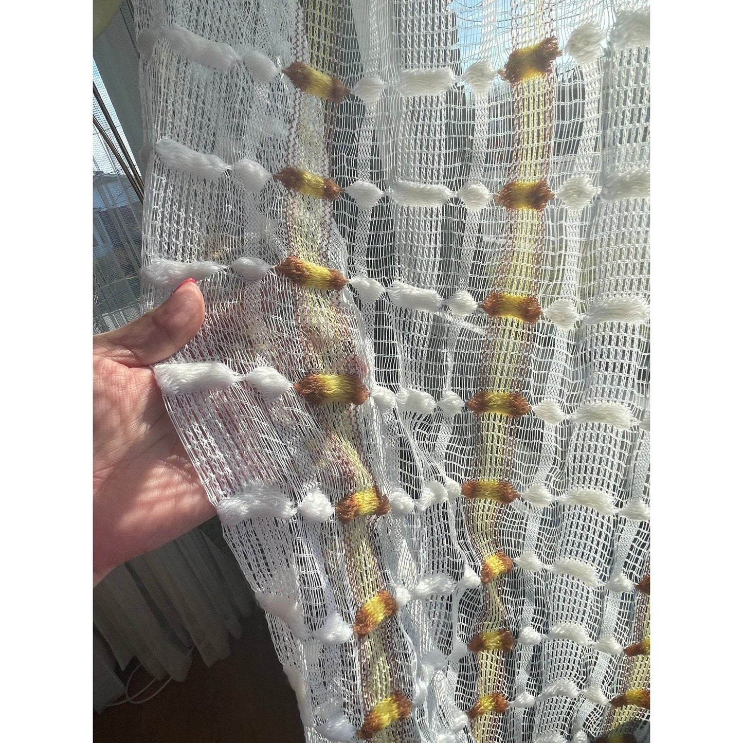 Vintage 70s curtain, orange brown geometric pattern, fluffy mesh panel