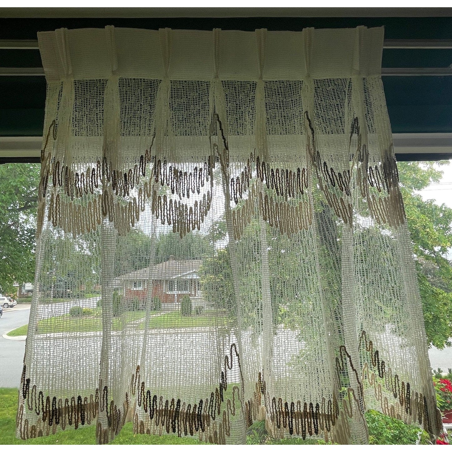 Vintage 80s pleated curtain, tan brown geometric mesh