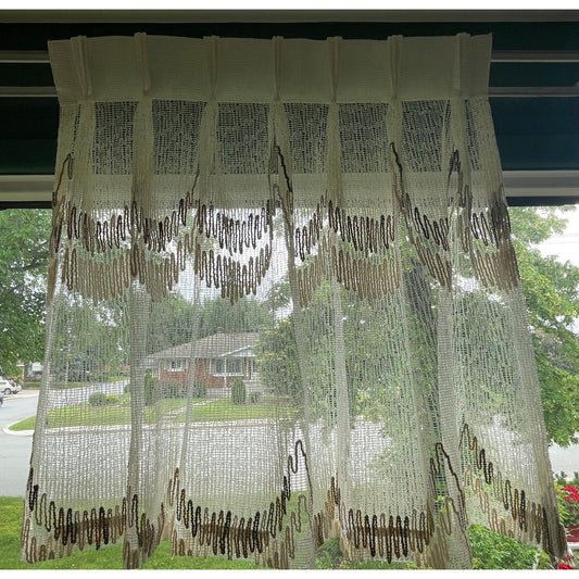 Vintage 80s pleated curtain, tan brown geometric mesh