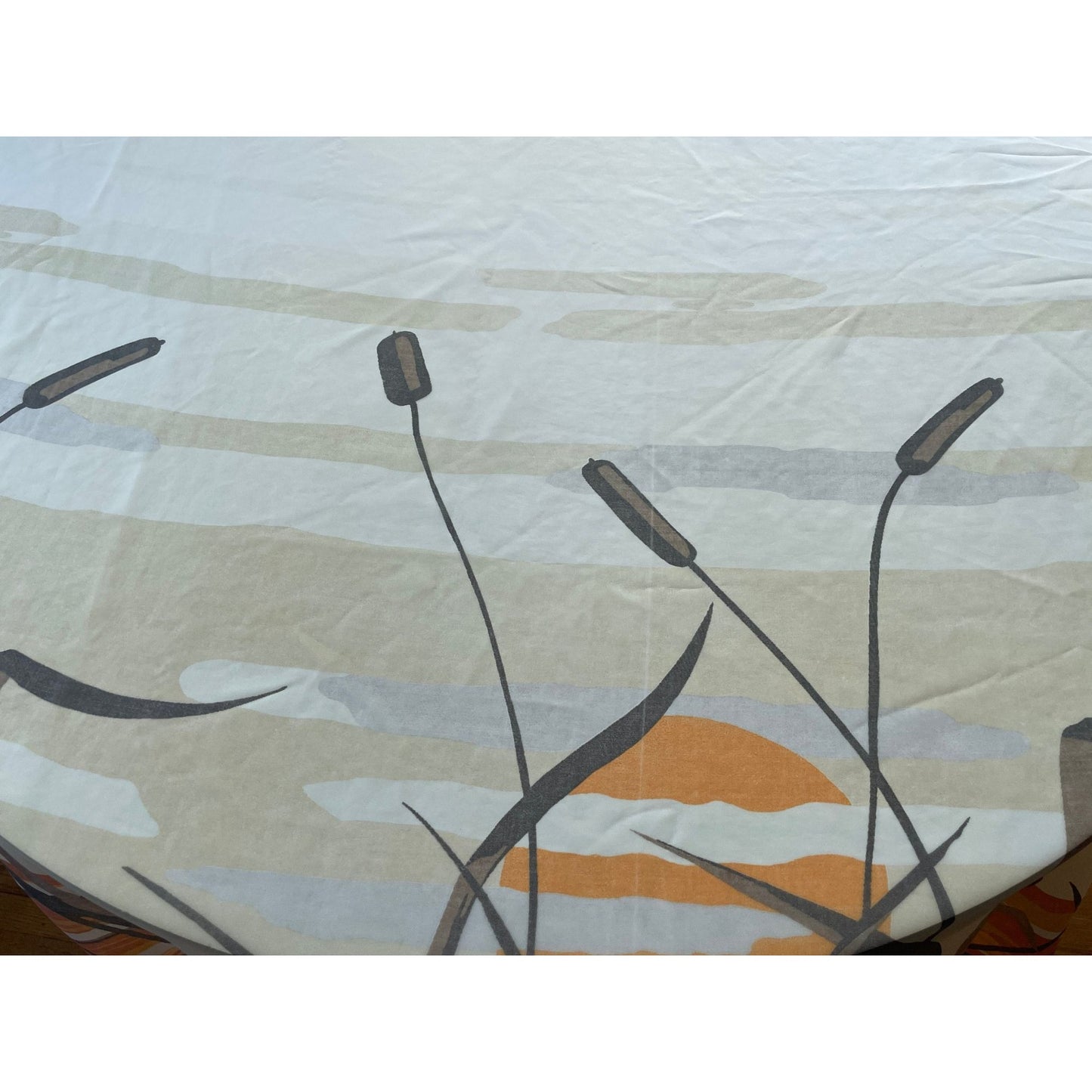 Vintage 70s shower curtain, cattail, orange sunset