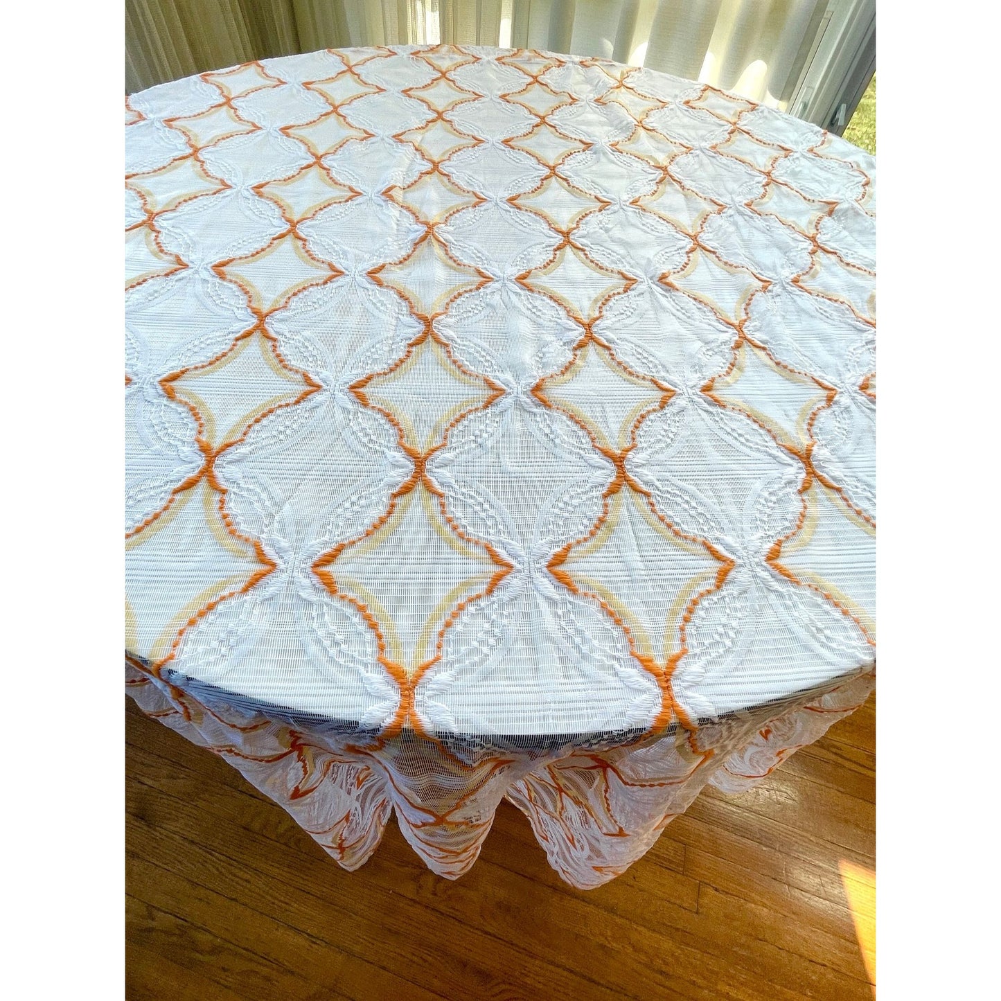 Vintage 70s geometric orange white mesh curtain