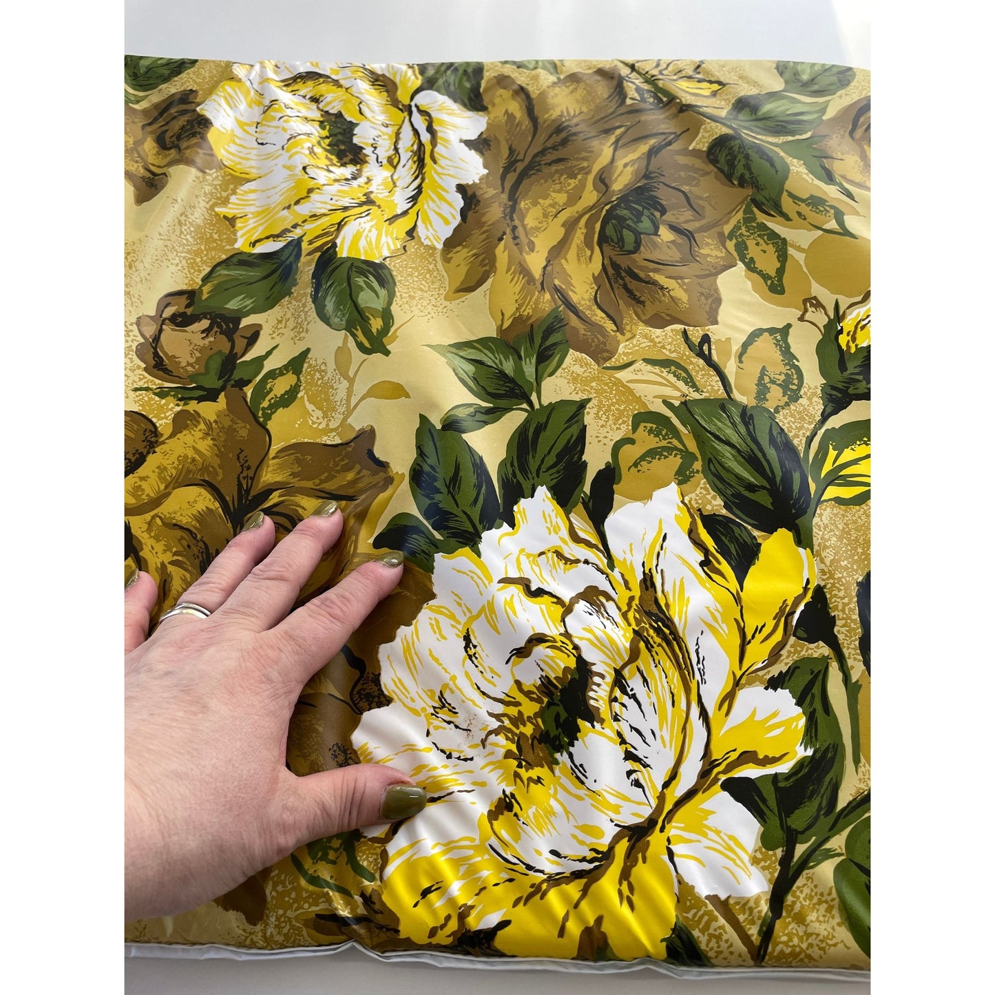 Vintage 70s vinyl lounge chair vinyl cushion, brown, green yellow flowers