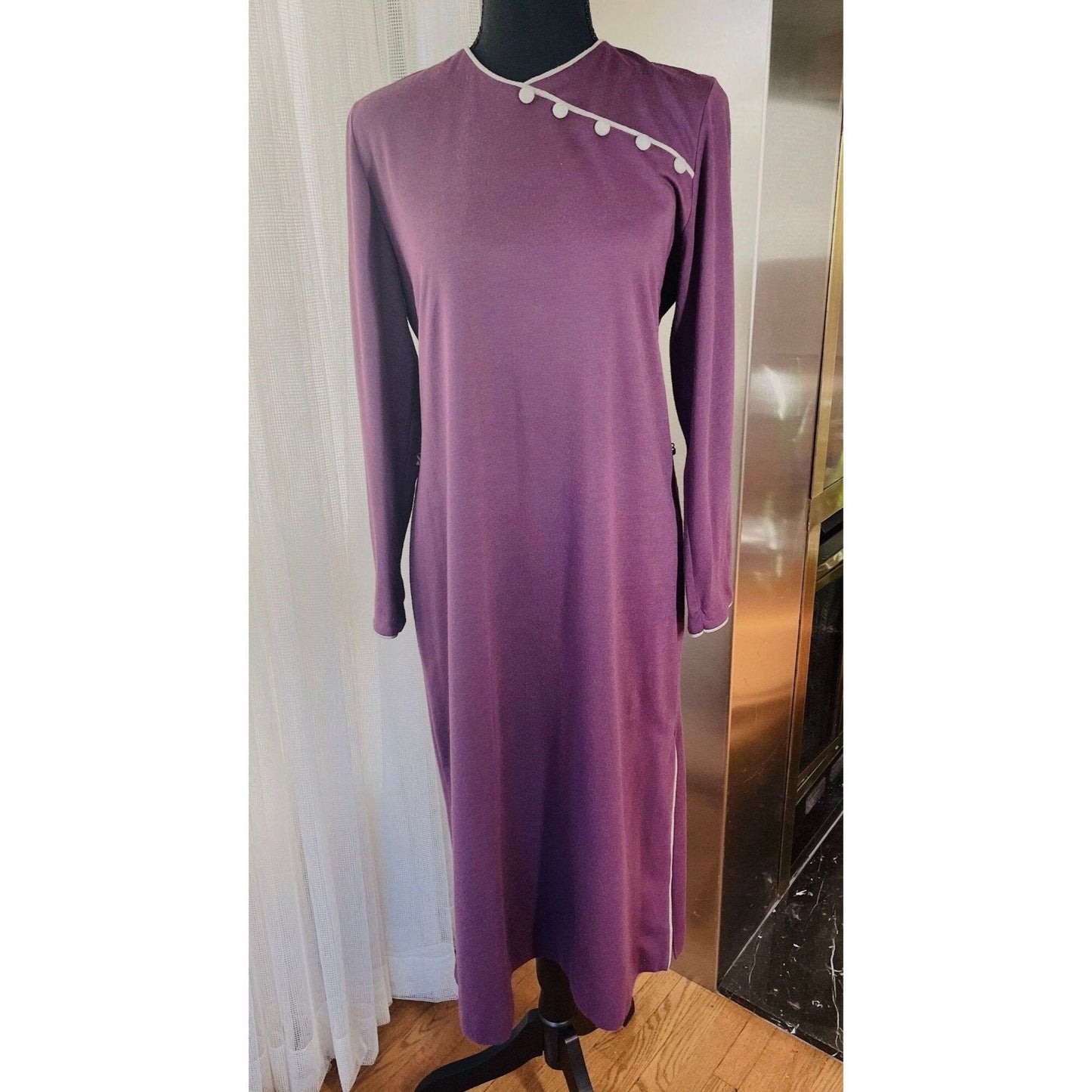 Vintage 80s dress, purple and grey, long sleeves, Mr Edwards