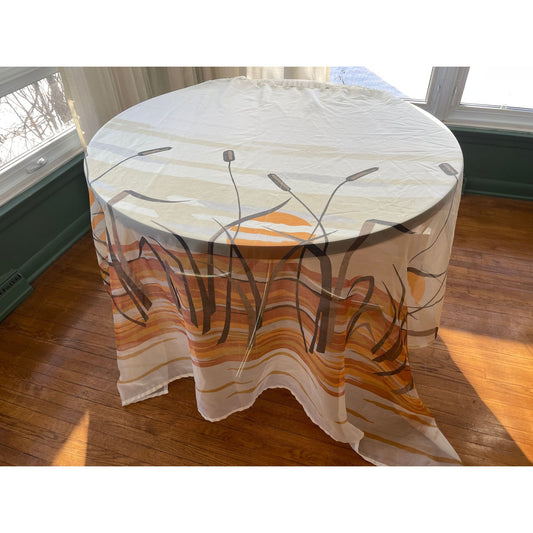 Vintage 70s shower curtain, cattail, orange sunset
