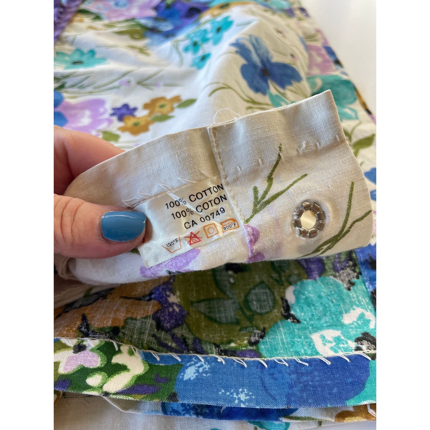 Vintage 70s purple and blue shower curtain, with valance and pom poms