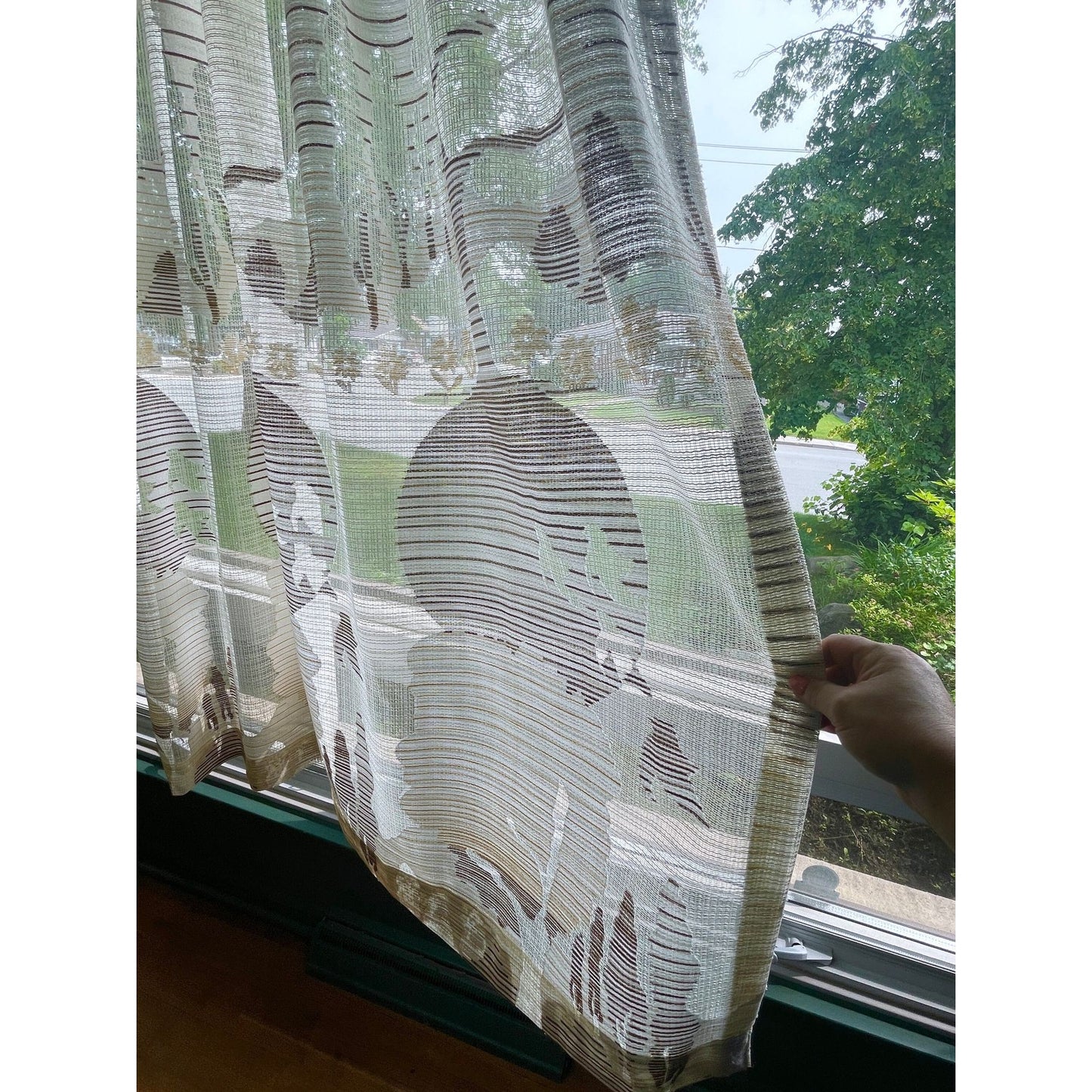 Vintage 80s pleated curtain, beige and brown artistic scenery, single panel