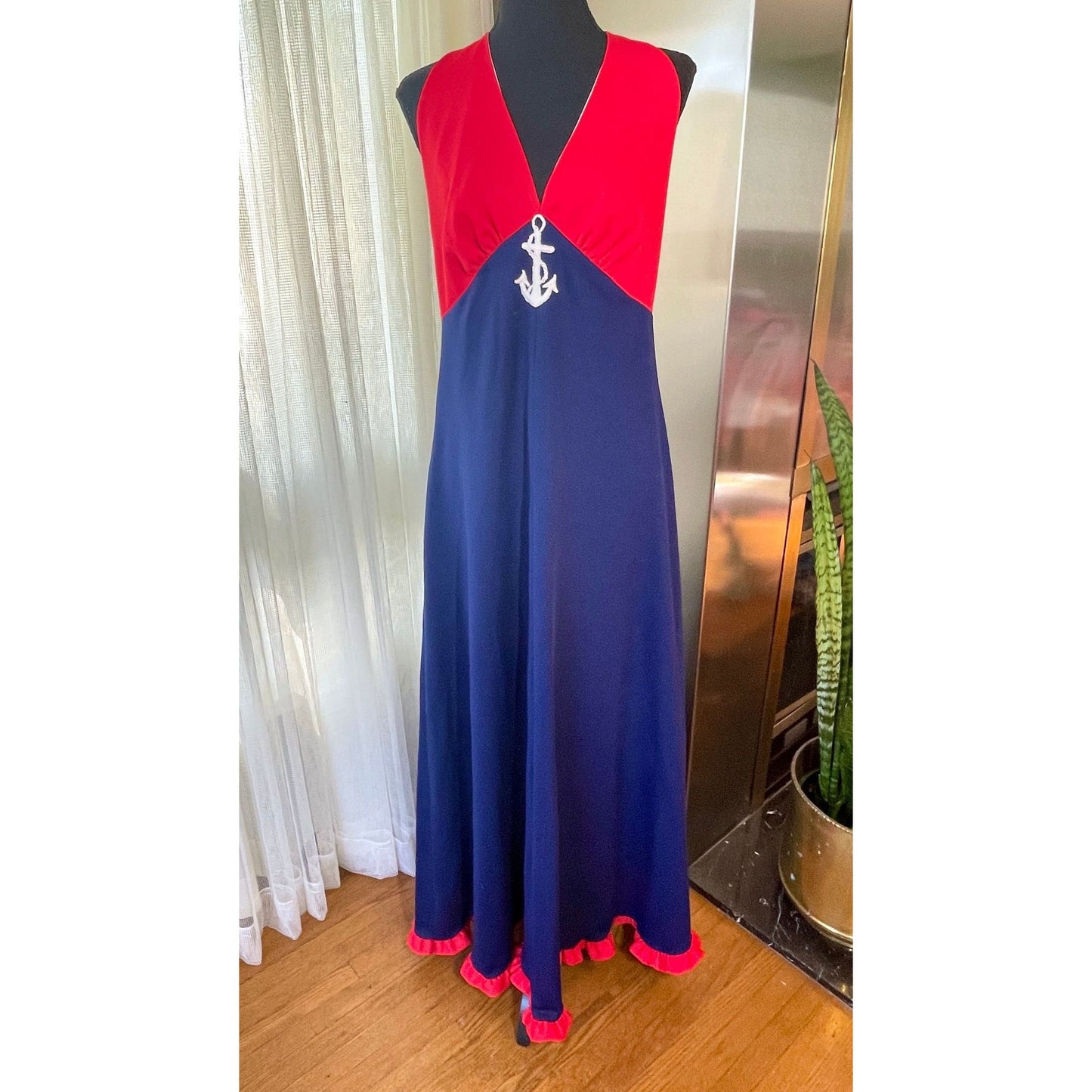 Vintage 70s halter dress, red and navy blue