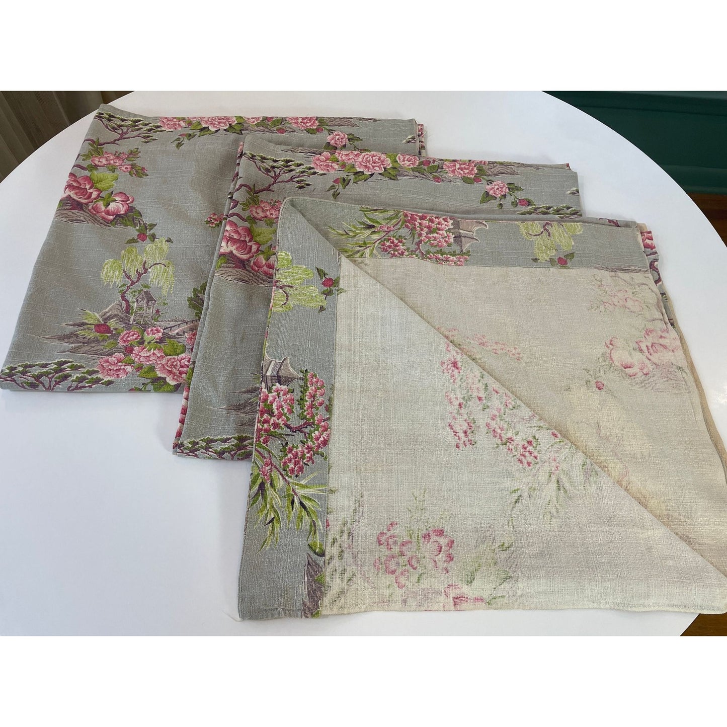 Vintage MCM barkcloth curtain, Asian inspired pink blossom trees