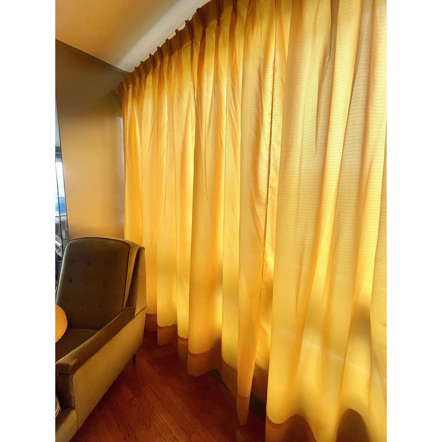 Vintage 60s pleated curtain, golden yellow sheer panel