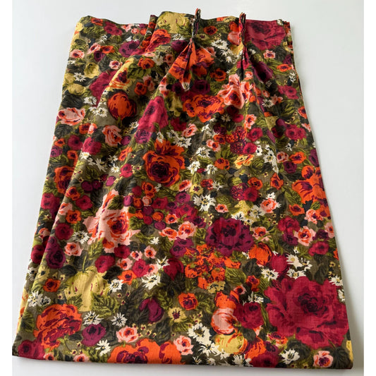 Vintage 60s pleated curtain, red orange brown and green floral pattern