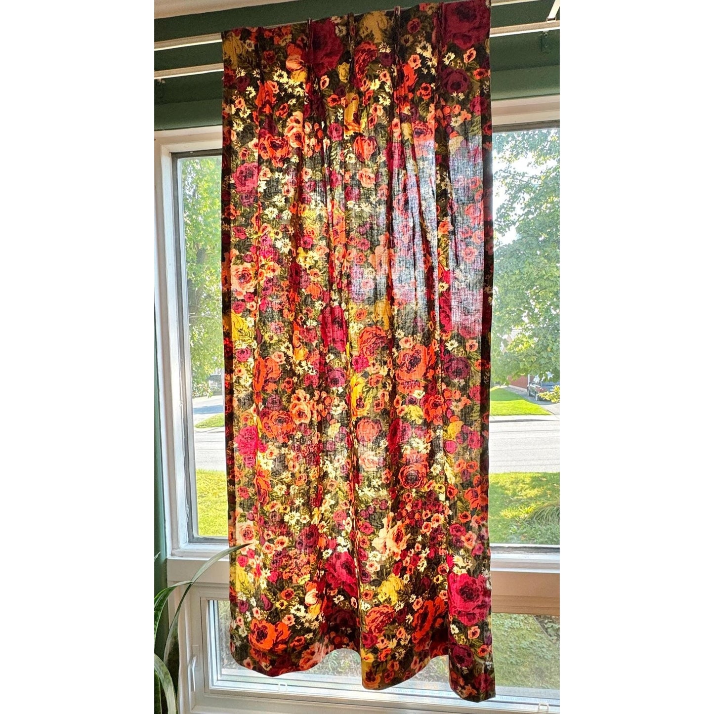 Vintage 60s pleated curtain, red orange brown and green floral pattern