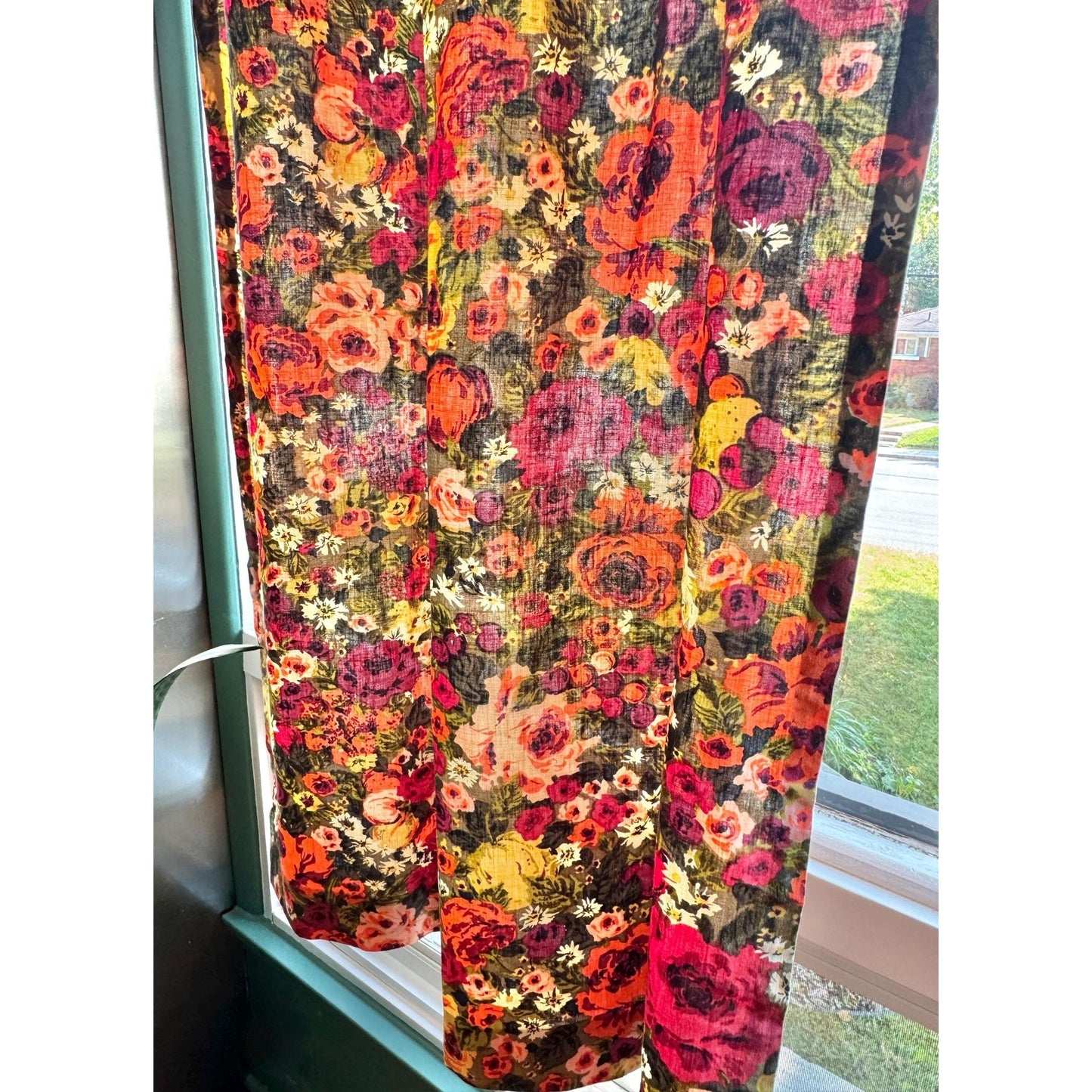 Vintage 60s pleated curtain, red orange brown and green floral pattern