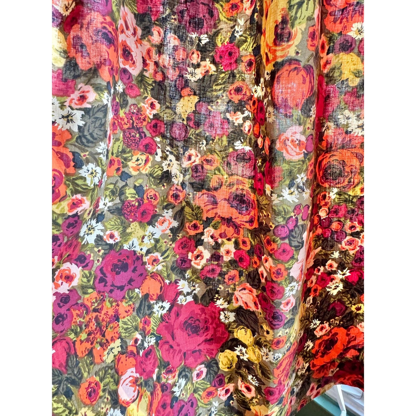 Vintage 60s pleated curtain, red orange brown and green floral pattern