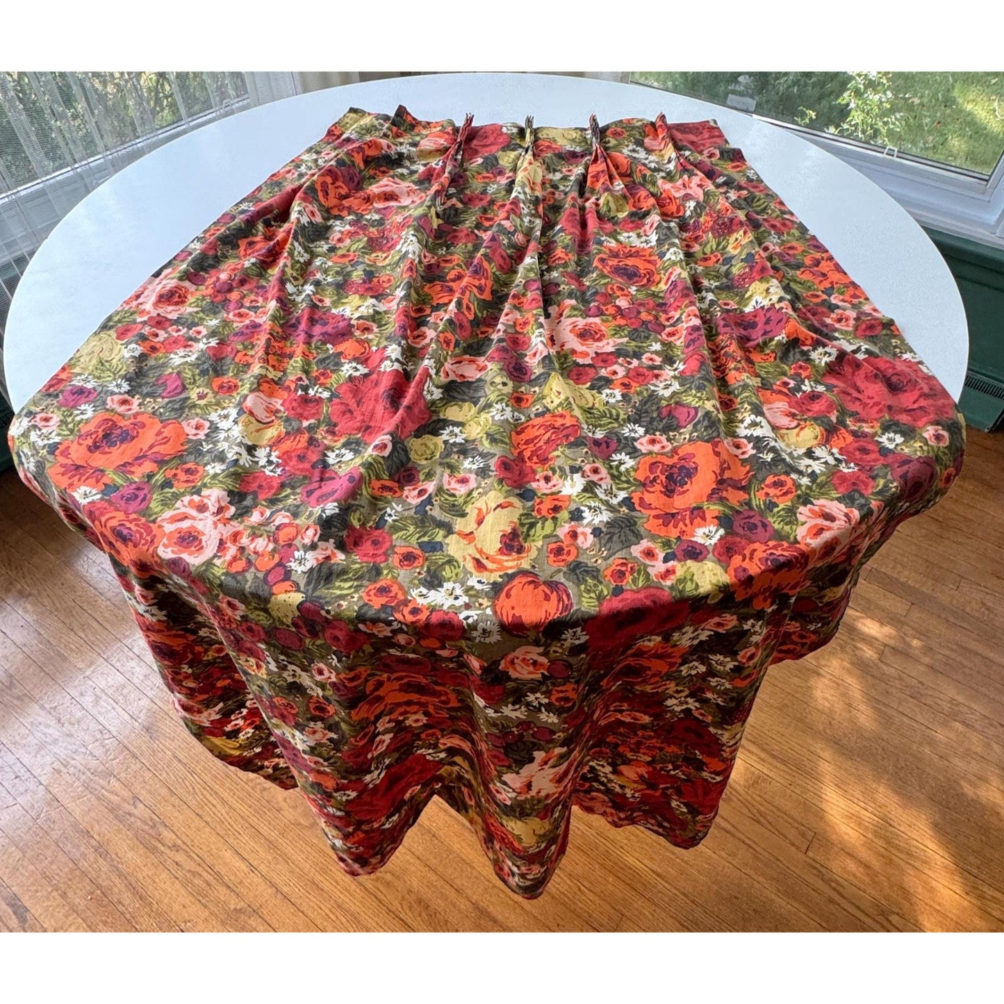 Vintage 60s pleated curtain, red orange brown and green floral pattern
