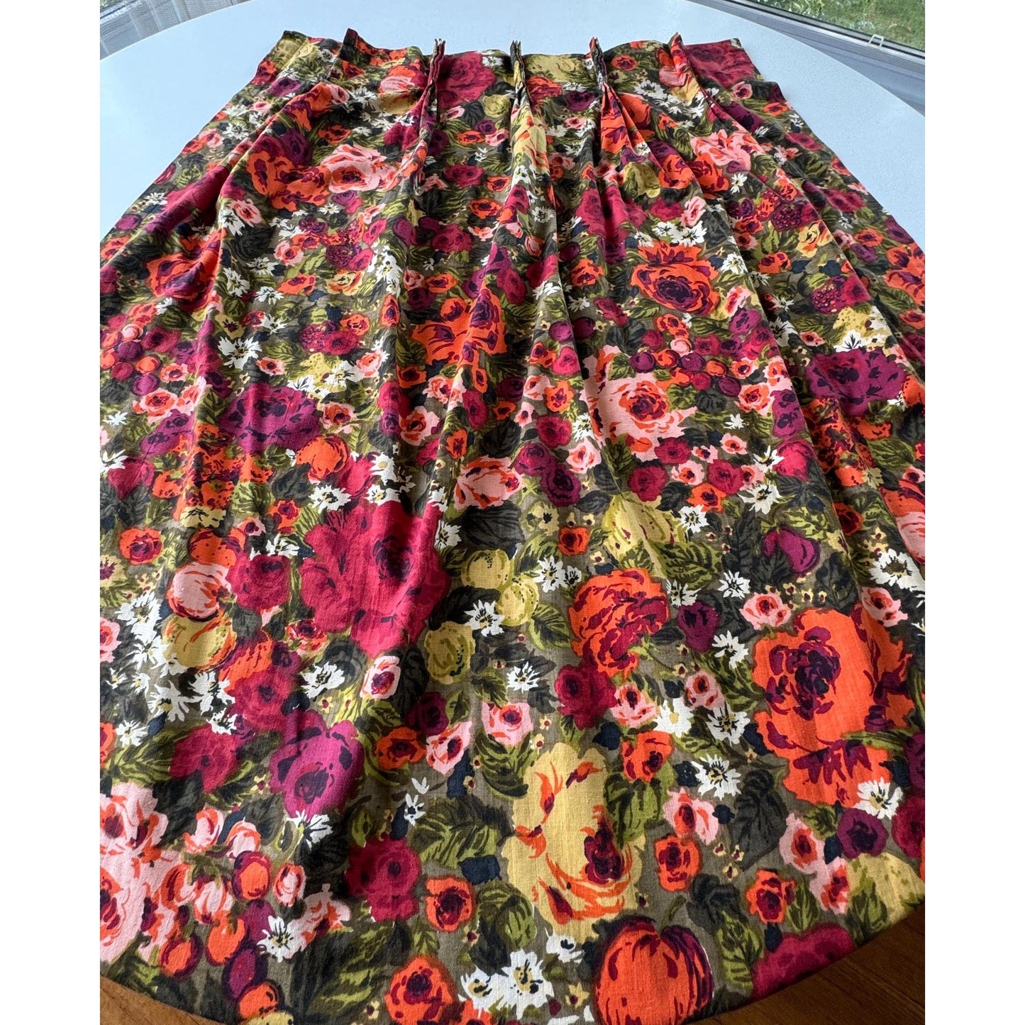 Vintage 60s pleated curtain, red orange brown and green floral pattern