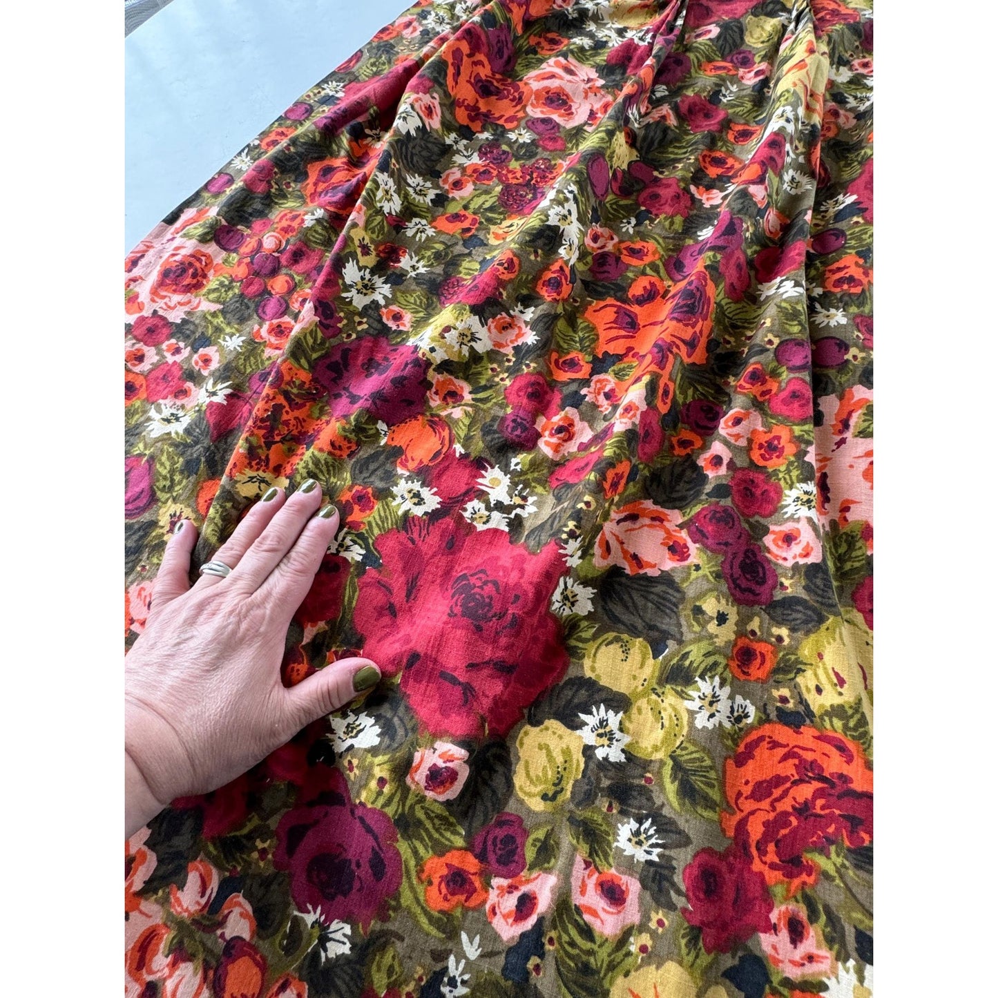 Vintage 60s pleated curtain, red orange brown and green floral pattern
