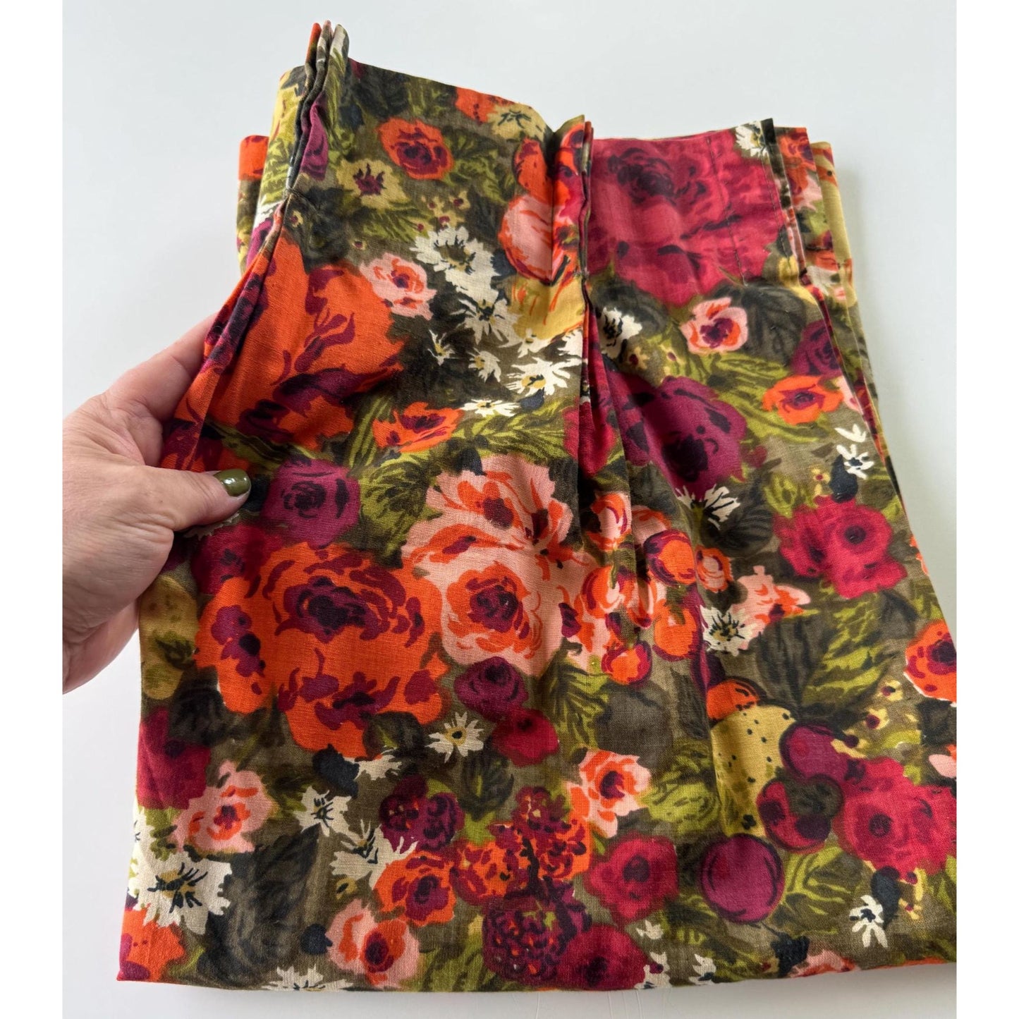 Vintage 60s pleated curtain, red orange brown and green floral pattern