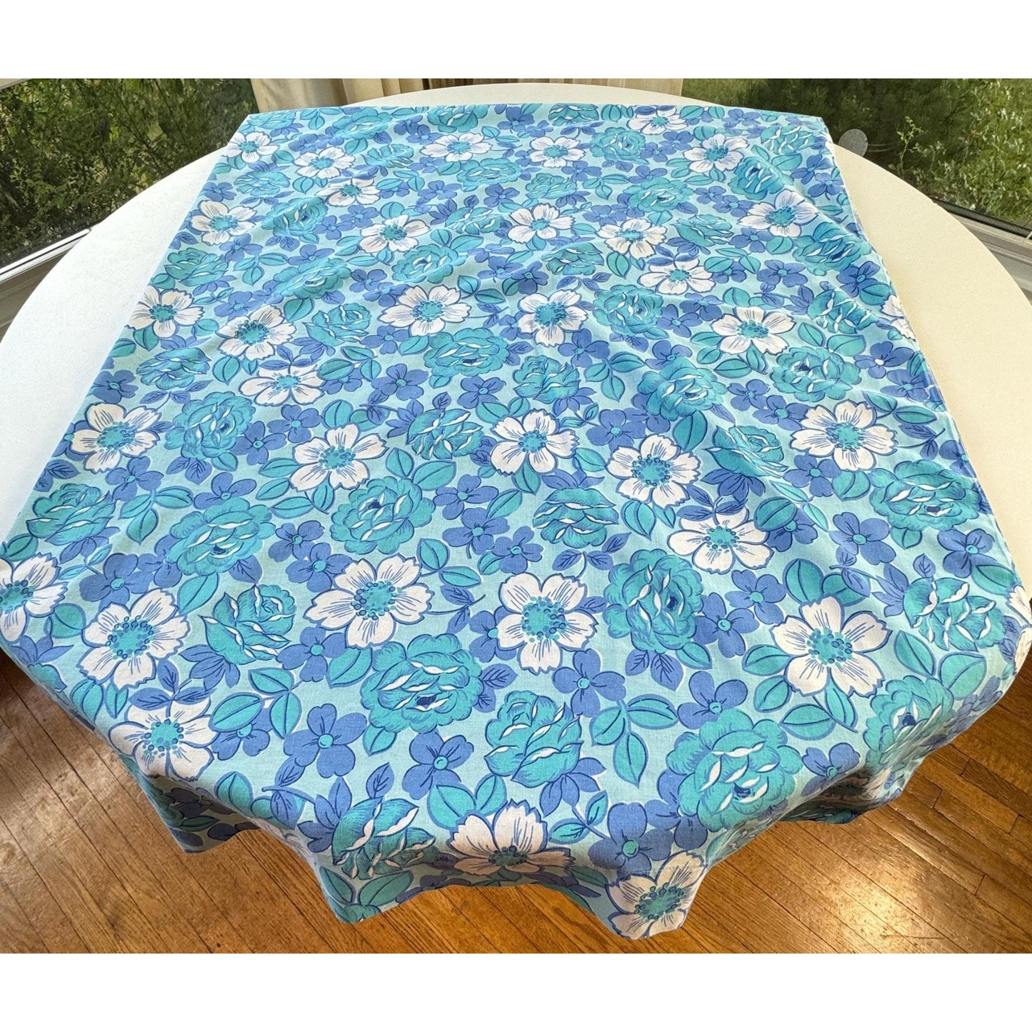 Vintage 70s flat /top sheet, blue flowers, twin size, Wabasso
