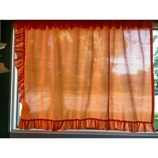 Vintage 70s curtain, orange sheer ruffled panel