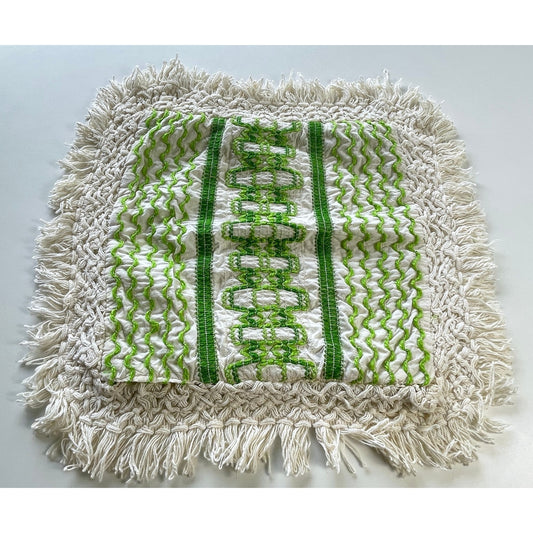 Vintage 70s cushion pillow cover, embroidered square, green and cream, 18 inches