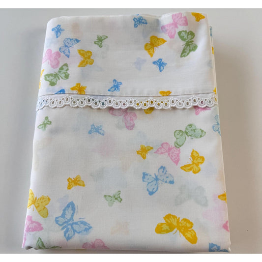 Vintage 70s flat / top sheet, yellow, pink, blue green butterflies, twin size bed, Christian Dior design, Wamsutta