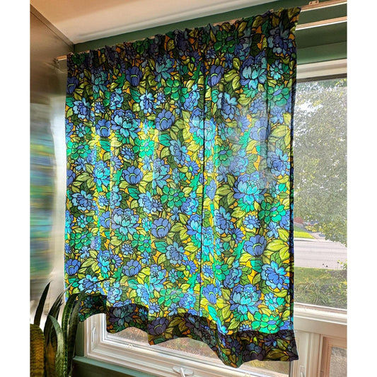 Vintage 60s pleated curtain, bold blue, green and orange flowers, fiberglass panel