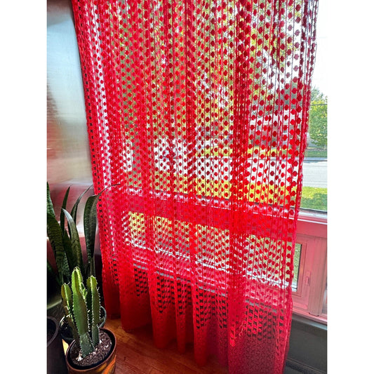 Vintage 70s pleated curtain, red mesh panel