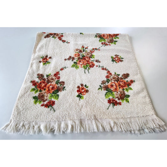 Vintage 70s bath towel, orange, brown and green flowers