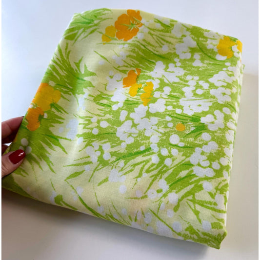 Vintage 70s fitted sheet, green floral, twin size bed