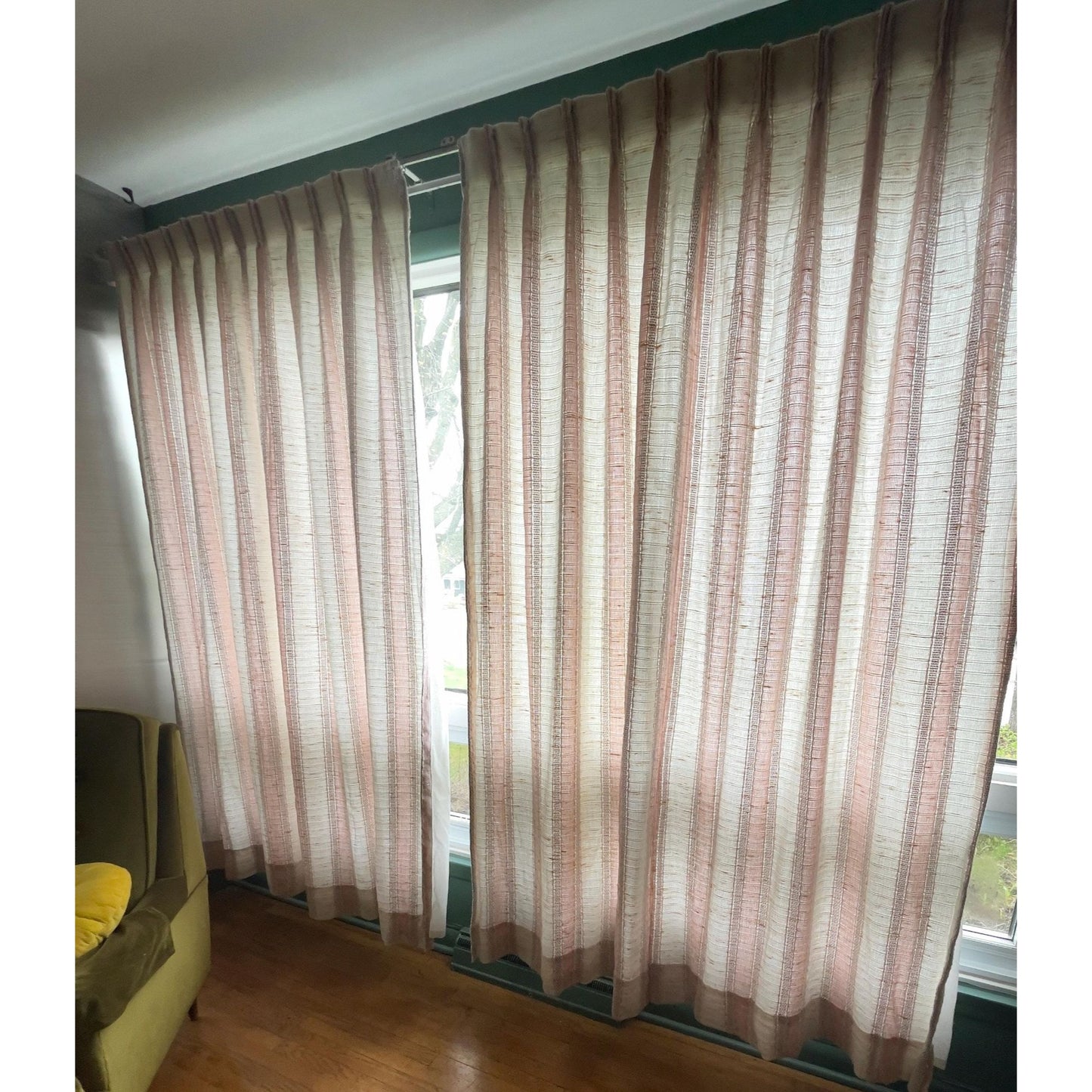 Vintage 80s pleated curtain, blush pink stripes, lined drape, JC Penney