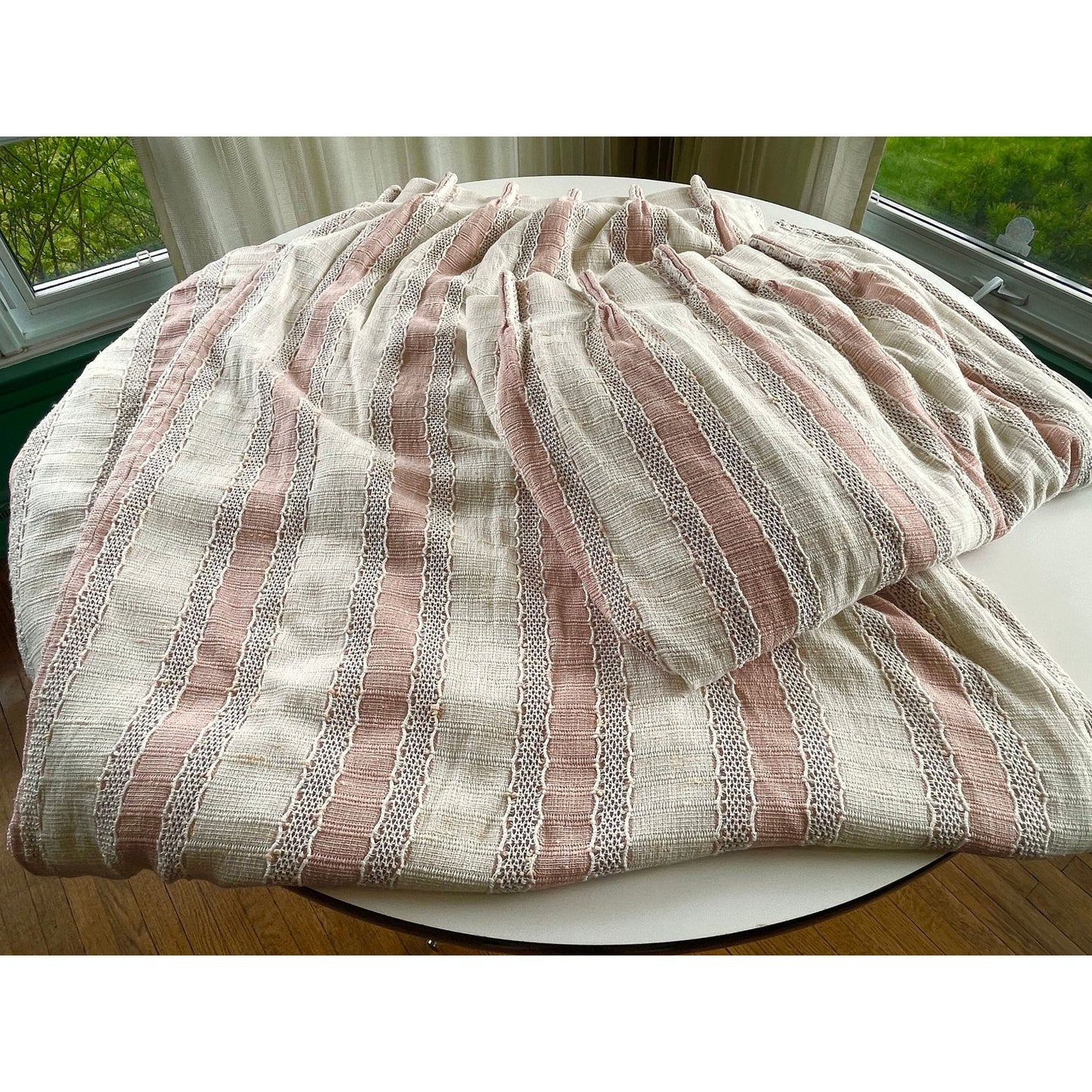 Vintage 80s pleated curtain, blush pink stripes, lined drape, JC Penney