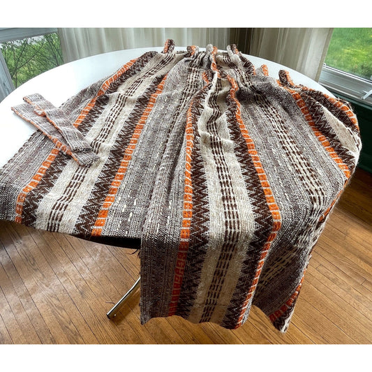 Vintage 70s pleated curtains, pair of beige, brown, orange stripes panels