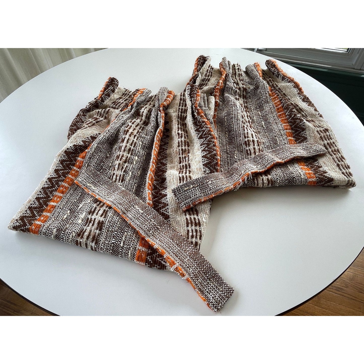 Vintage 70s pleated curtains, pair of beige, brown, orange stripes panels