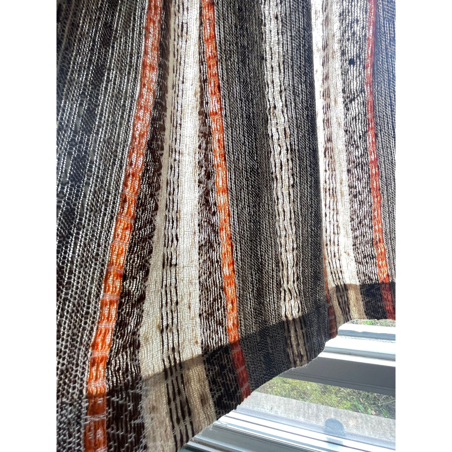 Vintage 70s pleated curtains, pair of beige, brown, orange stripes panels