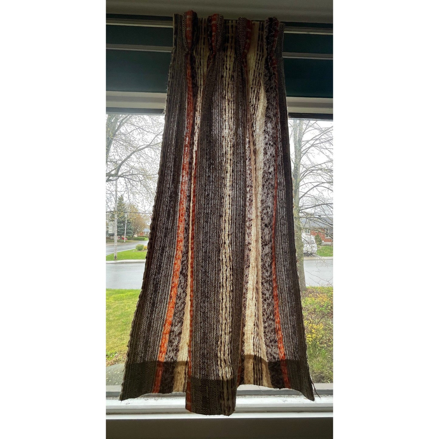 Vintage 70s pleated curtains, pair of beige, brown, orange stripes panels