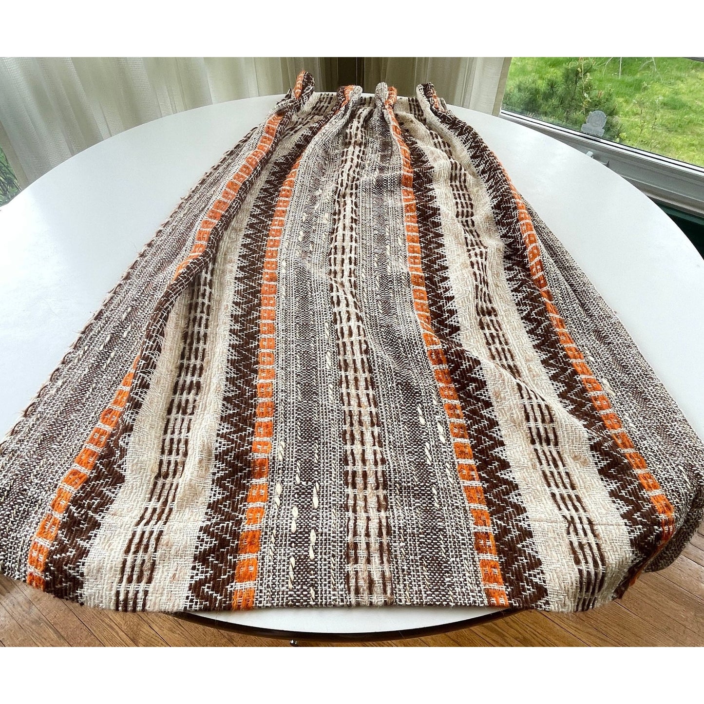 Vintage 70s pleated curtains, pair of beige, brown, orange stripes panels