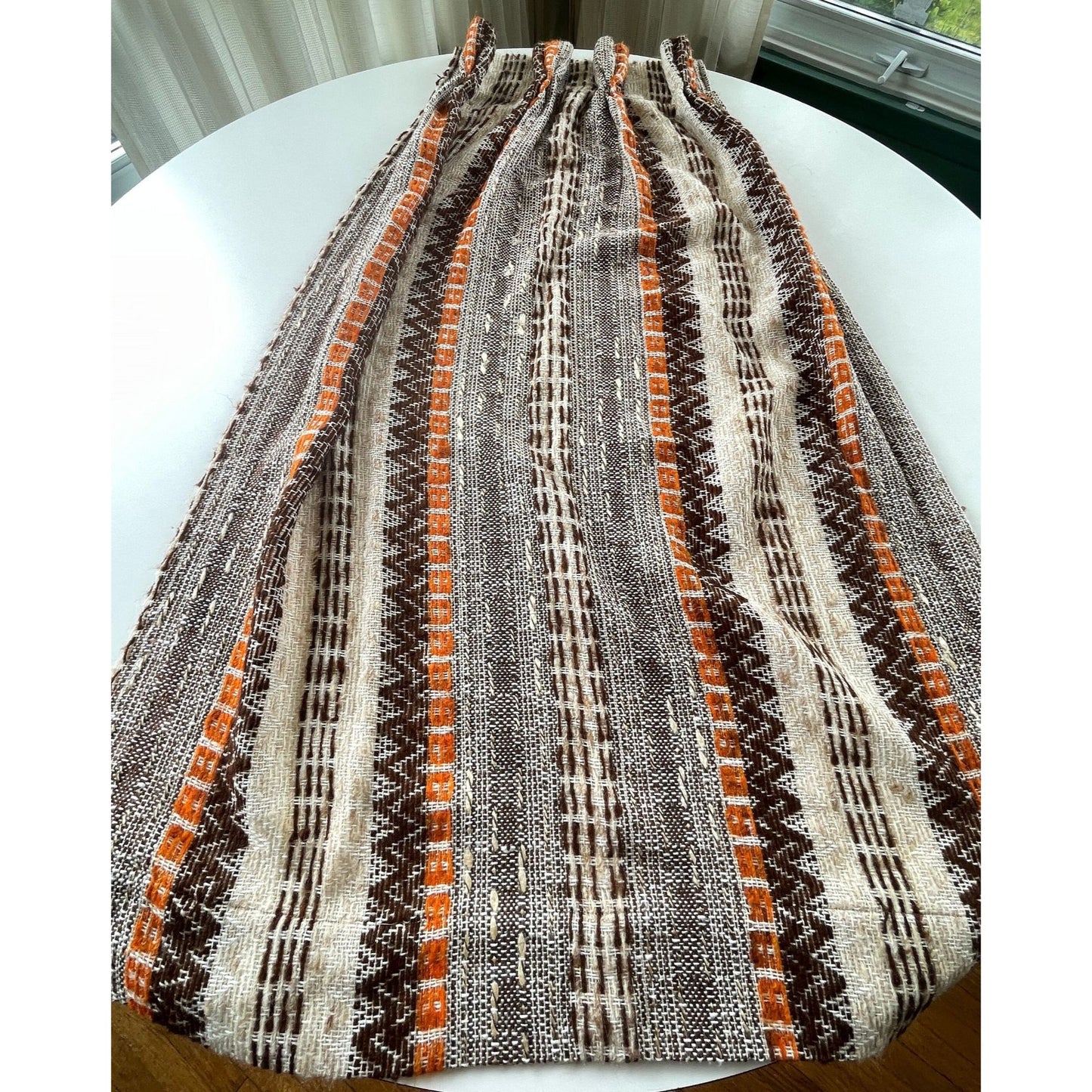 Vintage 70s pleated curtains, pair of beige, brown, orange stripes panels