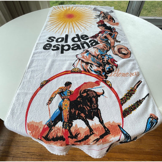 Vintage 70s beach towel, Sol de Espana print